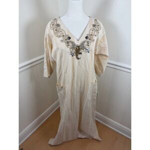 Soft Surroundings‎ Kaftan Dress Cream Stripe Embellished V Neck Cotton Size S